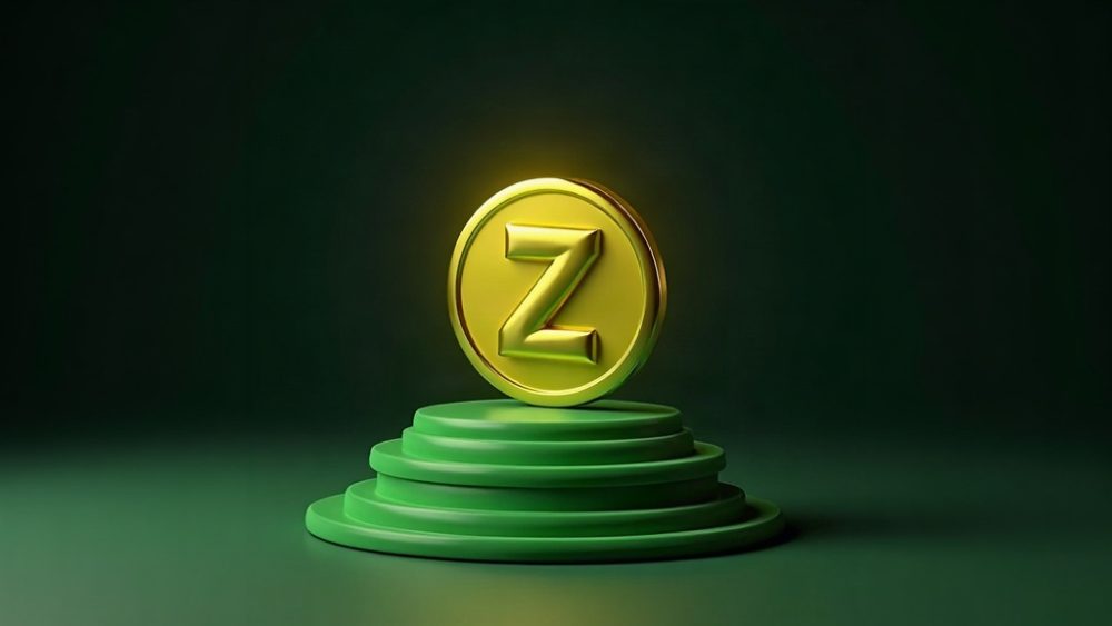 Moneda Zcash ascendiendo sobre gráfico alcista con volumen creciente