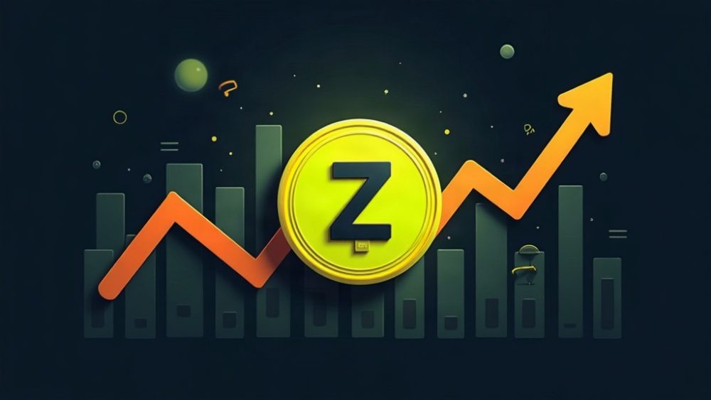 Moneda Zcash con escudo de privacidad y flecha ascendente sobre gráfico