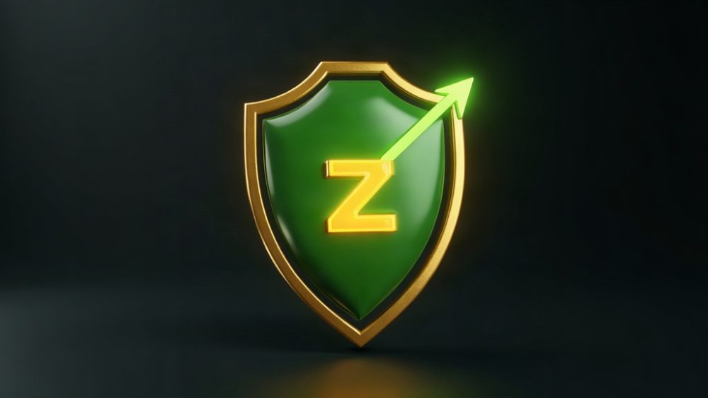 Escudo de privacidad Zcash con flecha ascendente y gráfico alcista