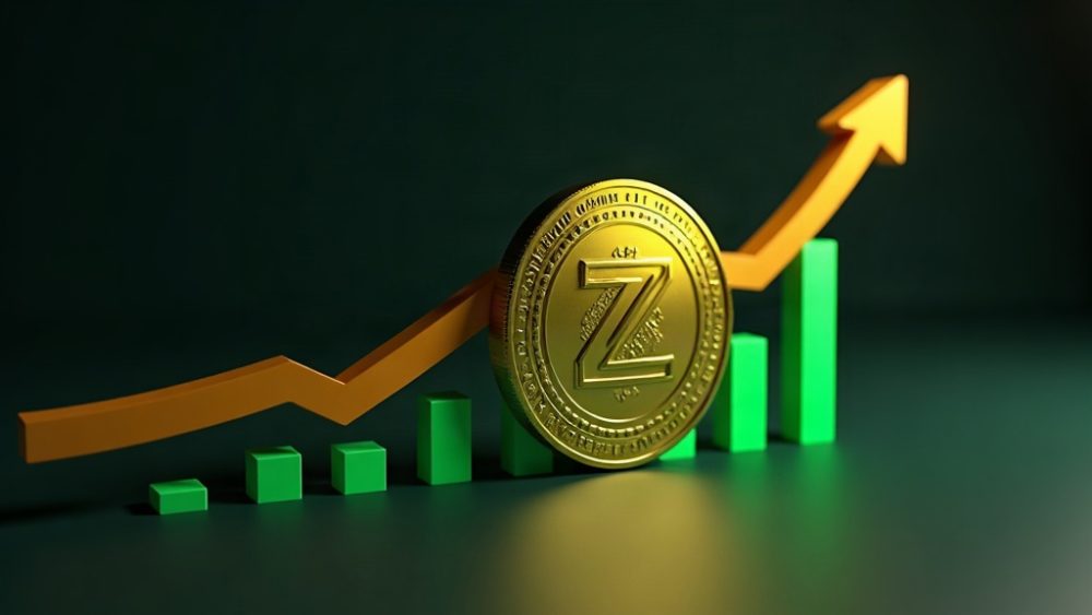 Moneda Zcash con flecha ascendente y gráfico de velas verdes mostrando subida de precio