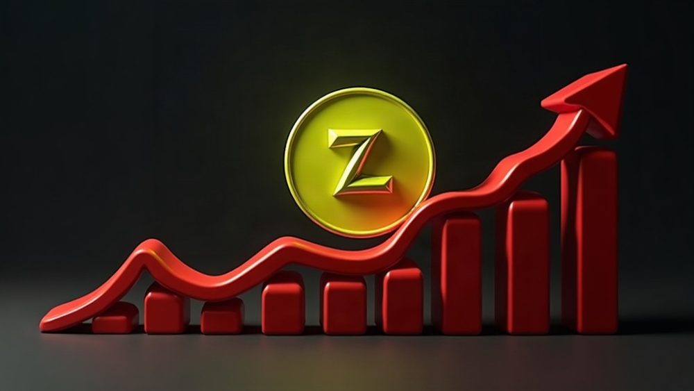 Moneda Zcash subiendo con gráfico de velas y posiciones cortas liquidadas