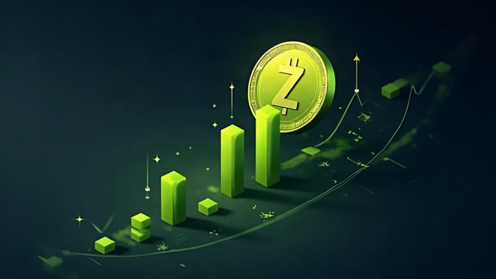 Símbolo de Zcash con flecha ascendente y gráfico de velas verdes mostrando rally de 17%