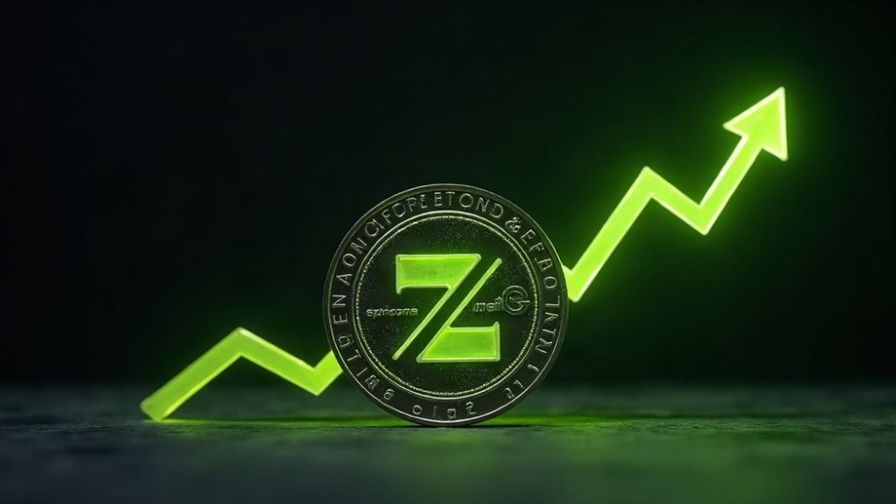 Moneda Zcash con flecha ascendente y gráfico alcista