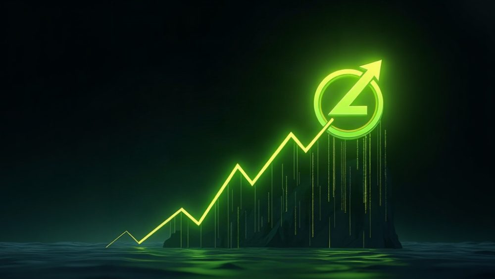 Moneda ZRO subiendo con flecha verde y símbolo de ARK Invest junto a gráfico alcista